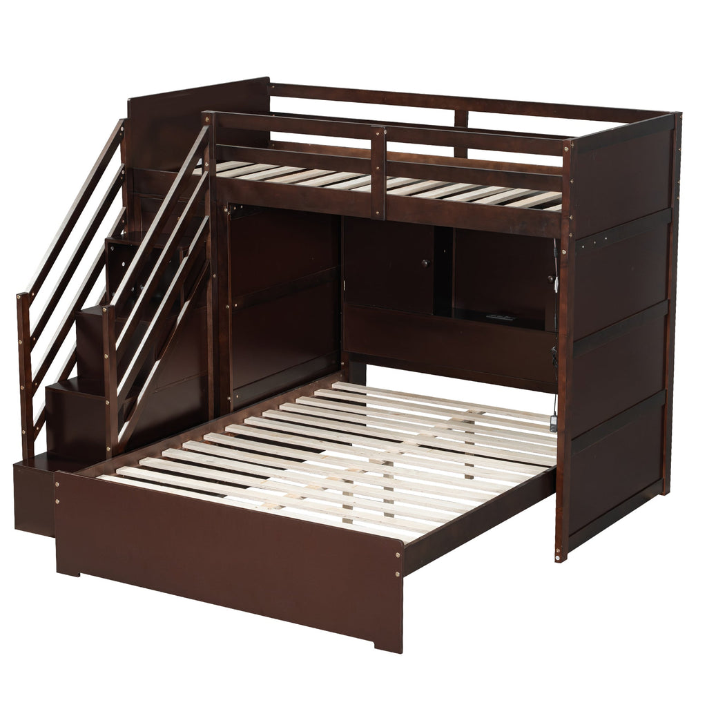Twin over Full Bunk Bed with Storage Stairs, Wardrobe,USB and Ligh