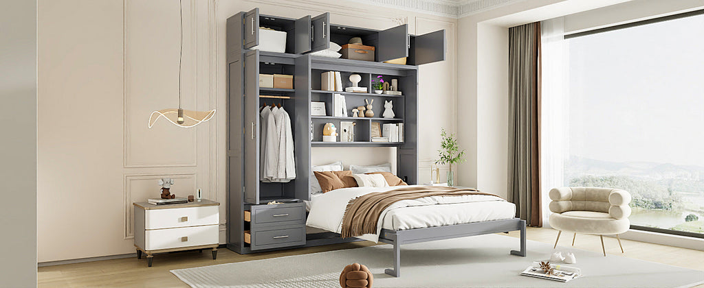 Queen Size Wall Murphy Bed with Top Cabinet, Shelves and Wardrobe,