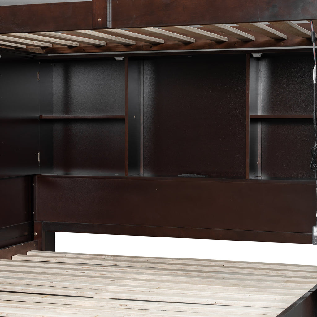 Twin over Full Bunk Bed with Storage Stairs, Wardrobe,USB and Ligh