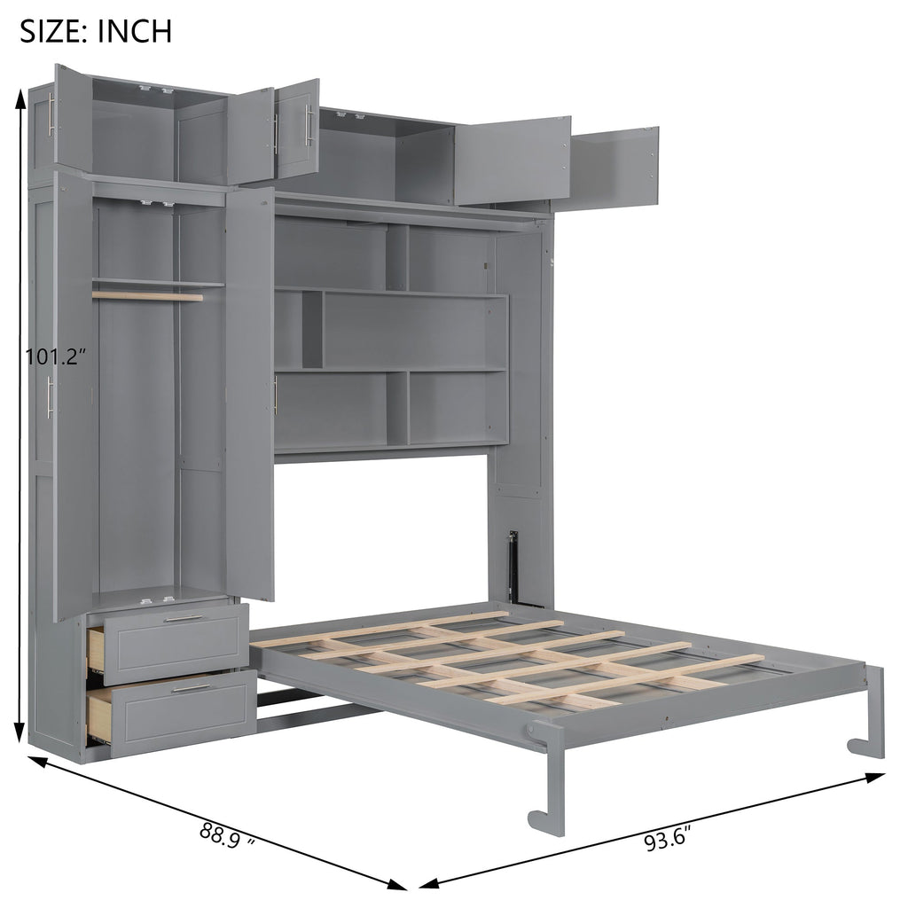 Queen Size Wall Murphy Bed with Top Cabinet, Shelves and Wardrobe,