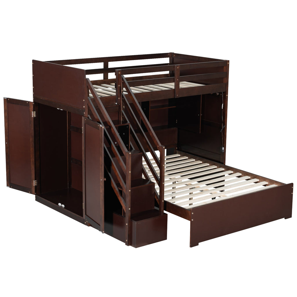 Twin over Full Bunk Bed with Storage Stairs, Wardrobe,USB and Ligh