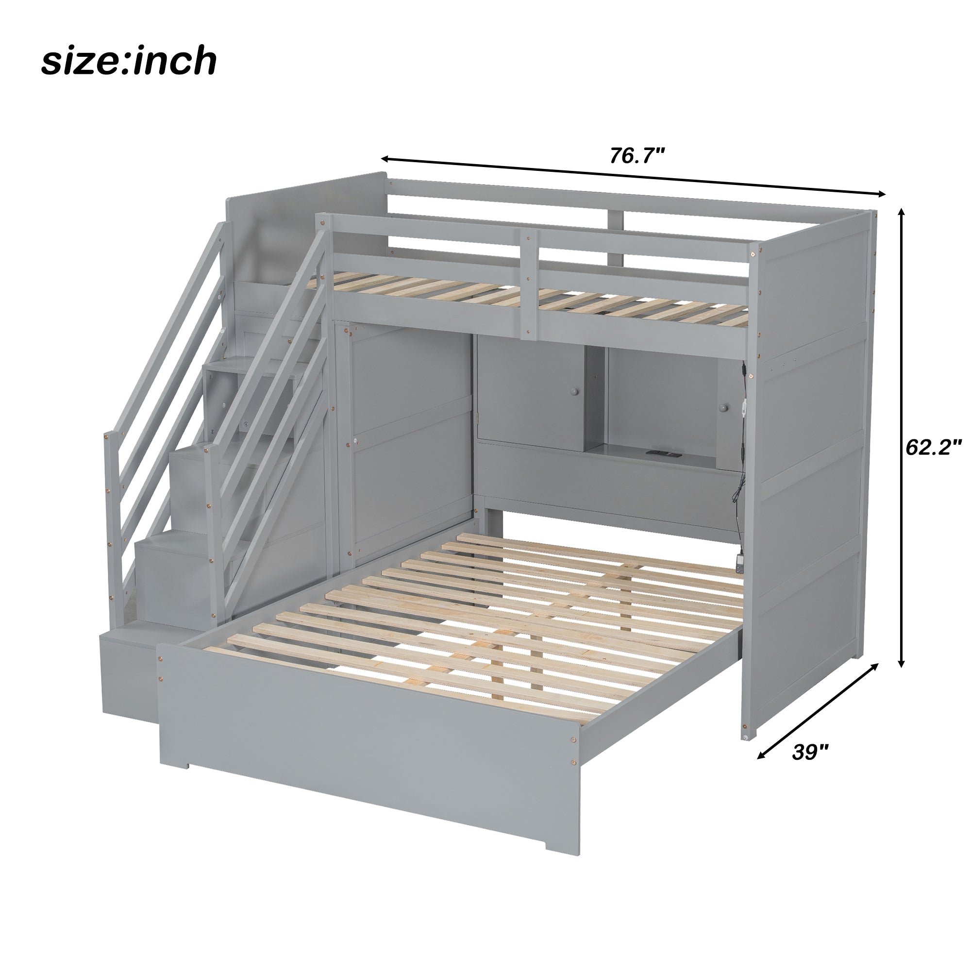 Twin over Full Bunk Bed with Storage Stairs, Wardrobe,USB and Ligh