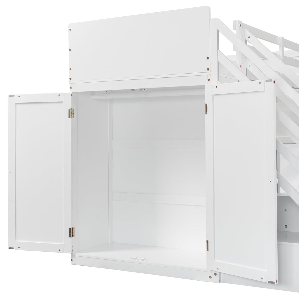 Twin over Full Bunk Bed with Storage Stairs, Wardrobe,USB and Ligh