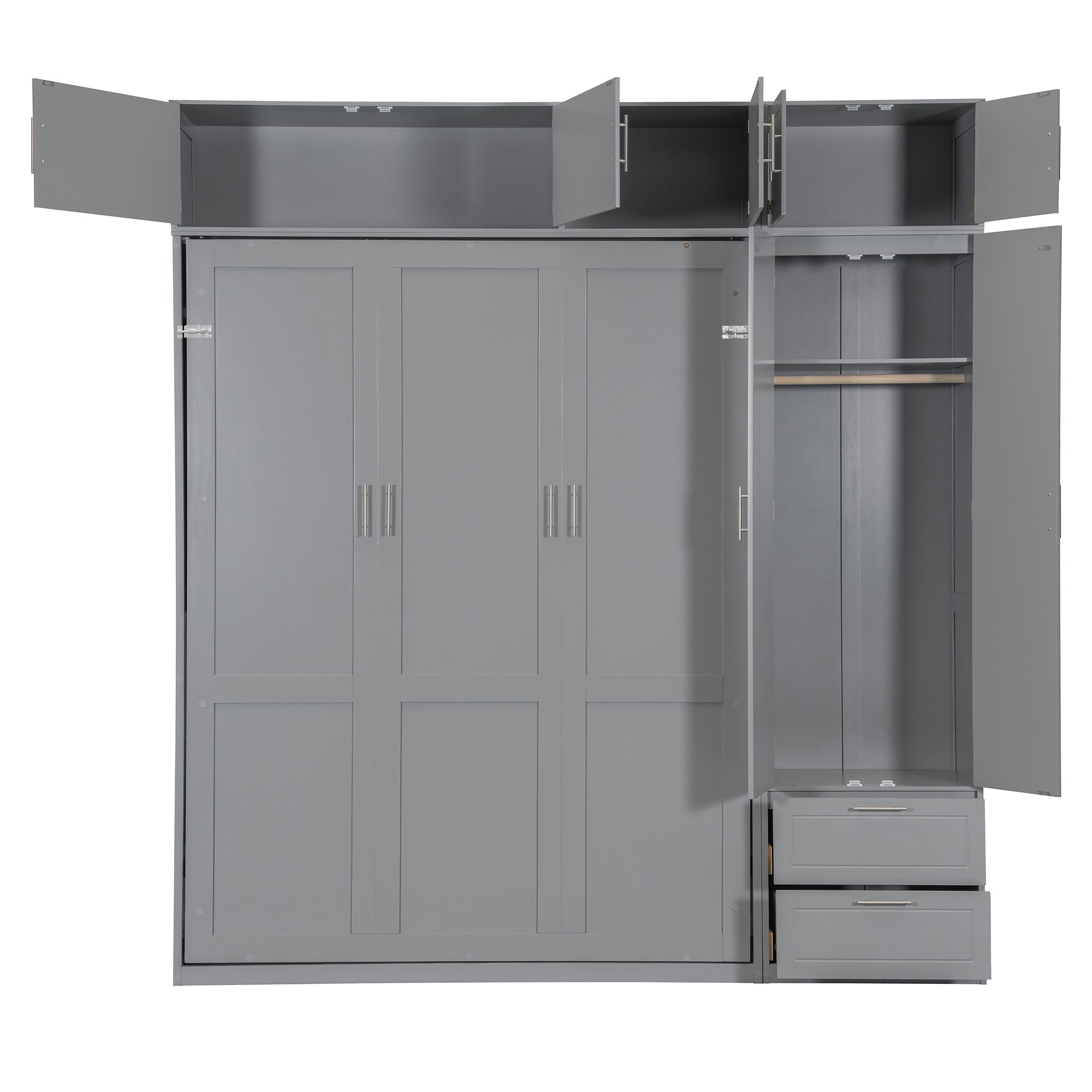 Queen Size Wall Murphy Bed with Top Cabinet, Shelves and Wardrobe,