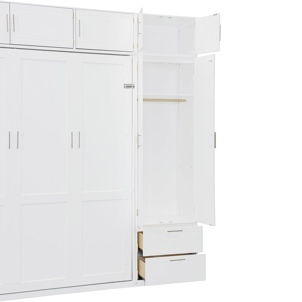 Queen Size Wall Murphy Bed with Top Cabinet, Shelves and Wardrobe,