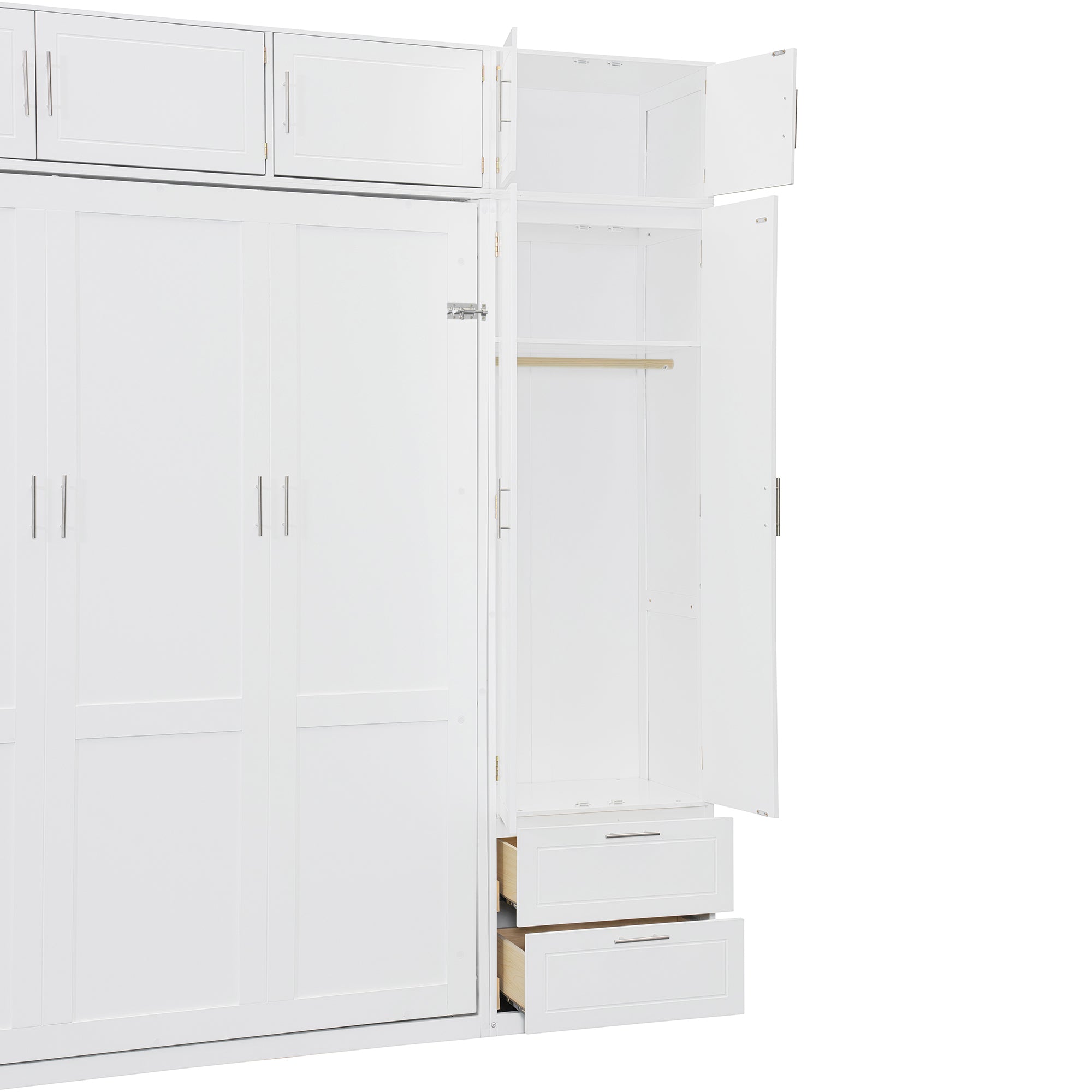 Queen Size Wall Murphy Bed with Top Cabinet, Shelves and Wardrobe,