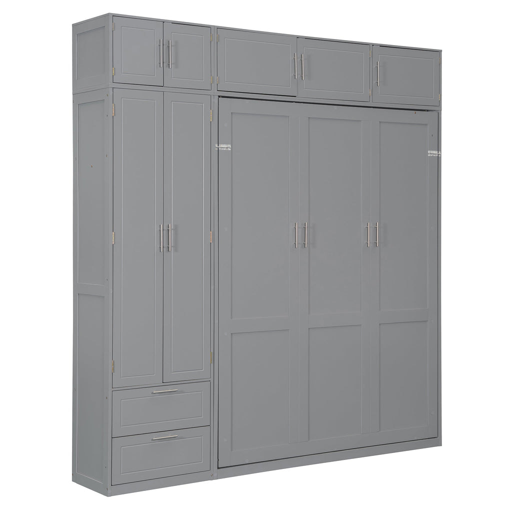 Queen Size Wall Murphy Bed with Top Cabinet, Shelves and Wardrobe,