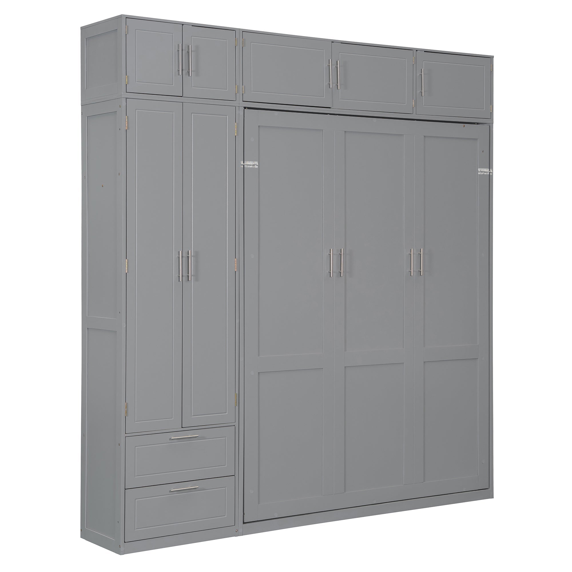 Queen Size Wall Murphy Bed with Top Cabinet, Shelves and Wardrobe,