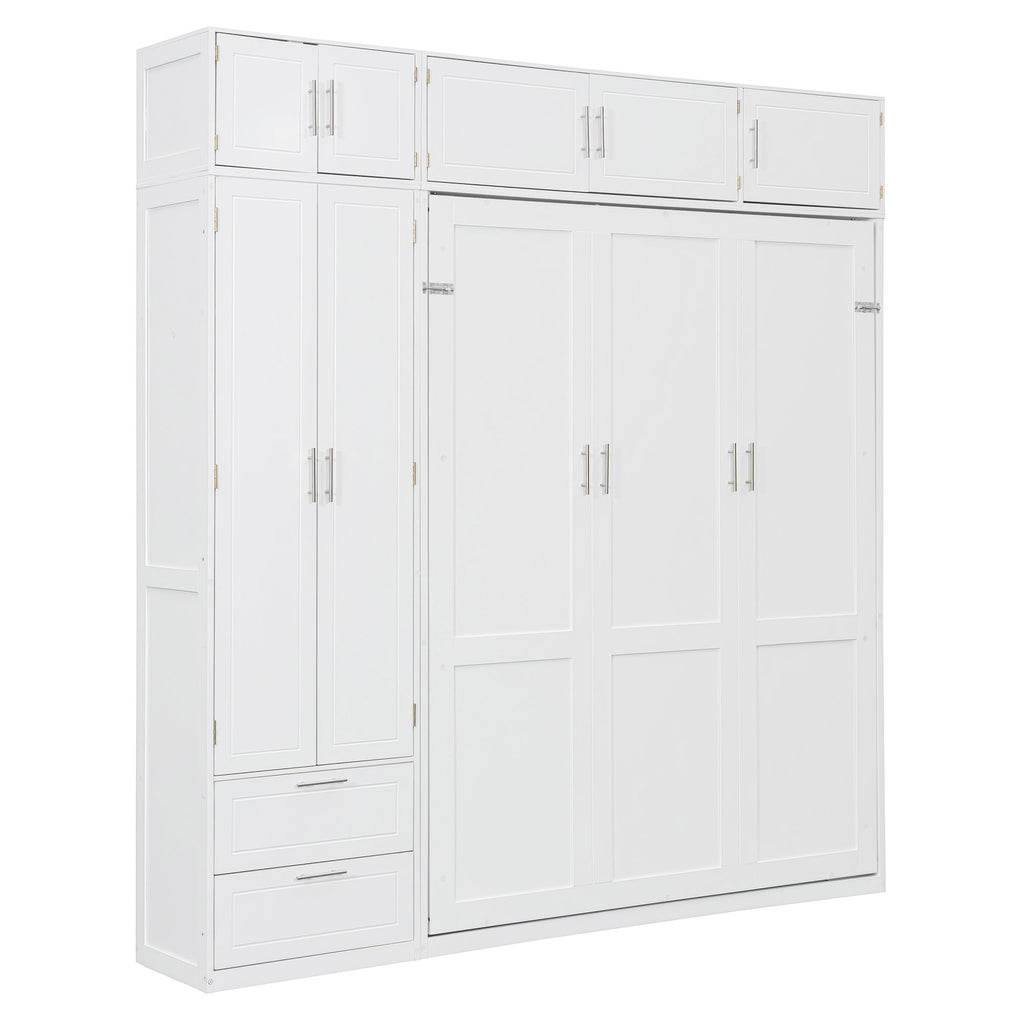 Queen Size Wall Murphy Bed with Top Cabinet, Shelves and Wardrobe,