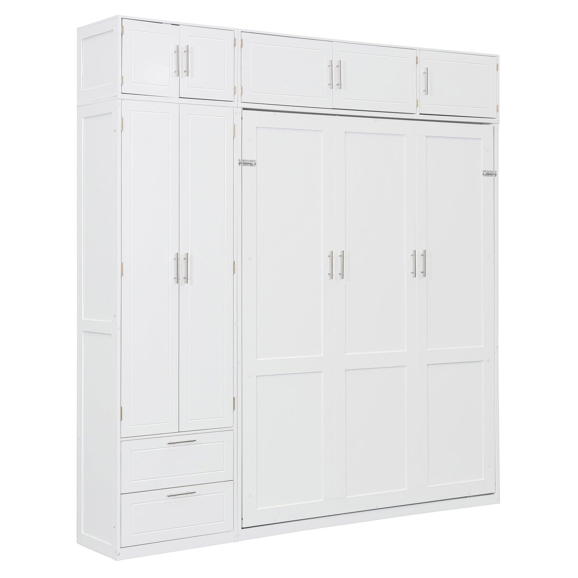 Queen Size Wall Murphy Bed with Top Cabinet, Shelves and Wardrobe,