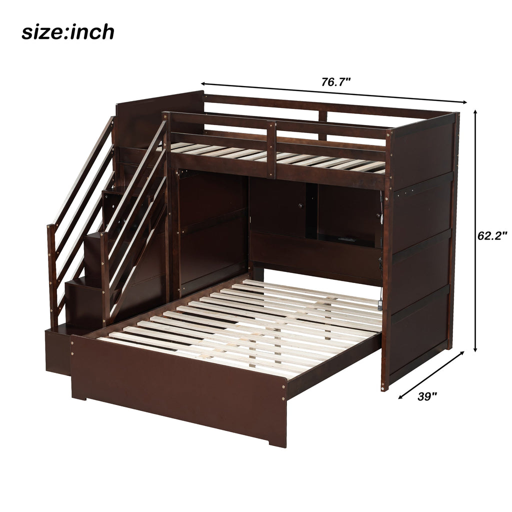 Twin over Full Bunk Bed with Storage Stairs, Wardrobe,USB and Ligh