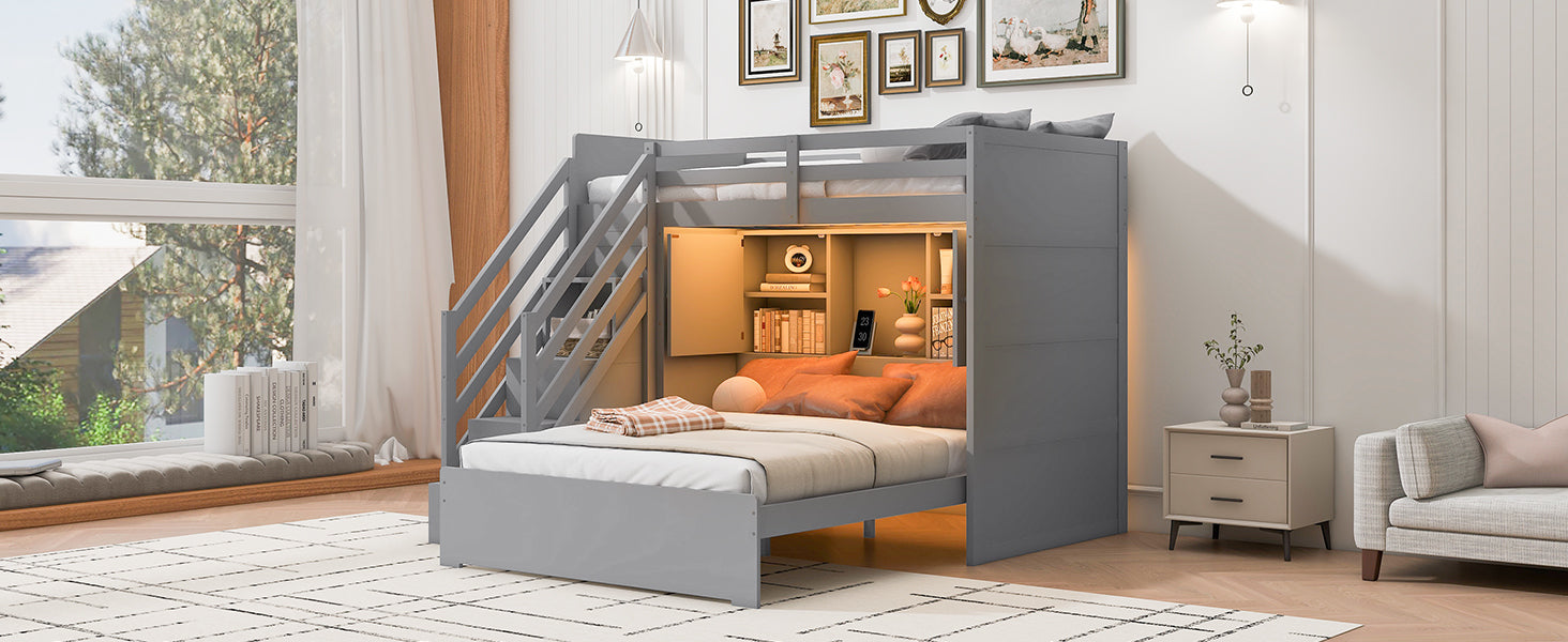 Twin over Full Bunk Bed with Storage Stairs, Wardrobe,USB and Ligh