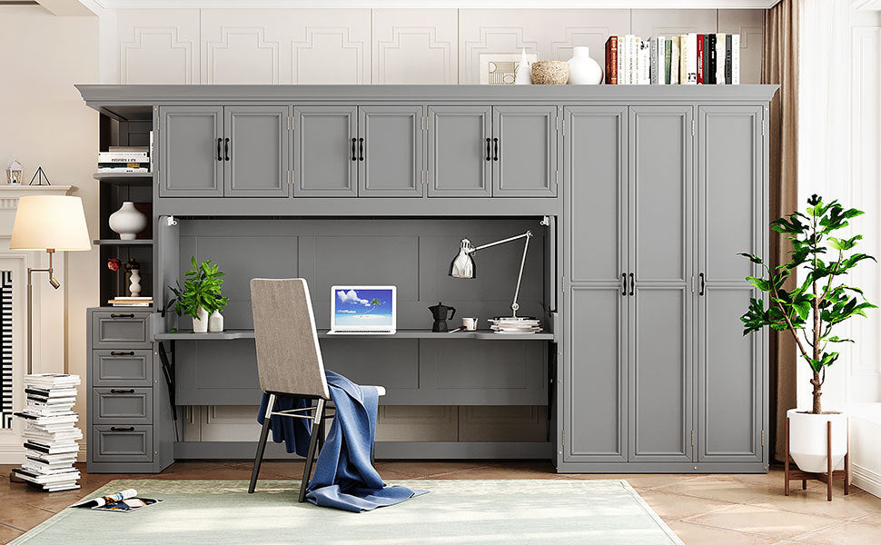 Murphy Bed Wall Bed with Wardrobe, Cabinet and Desk