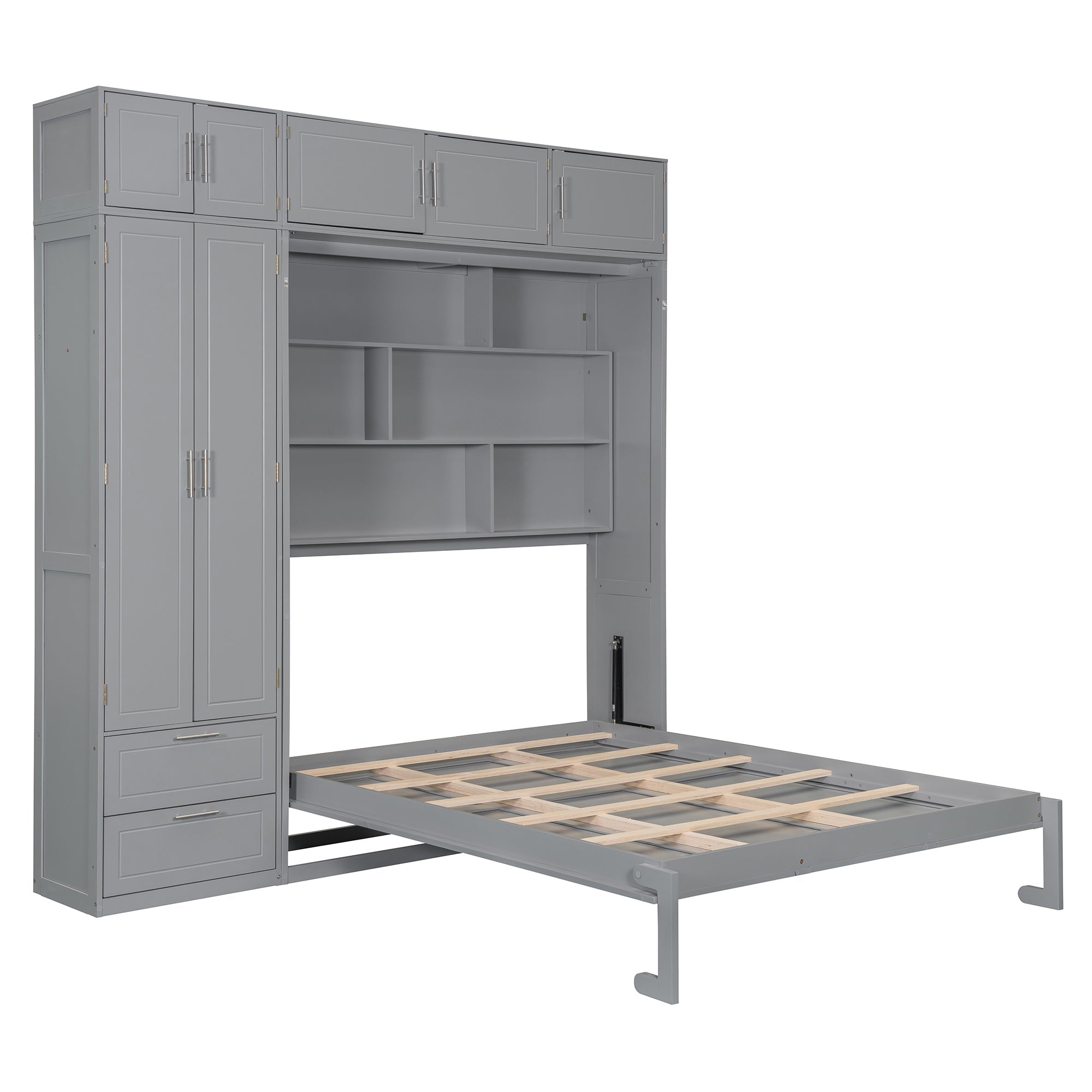 Queen Size Wall Murphy Bed with Top Cabinet, Shelves and Wardrobe,