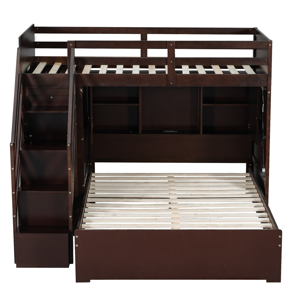 Twin over Full Bunk Bed with Storage Stairs, Wardrobe,USB and Ligh