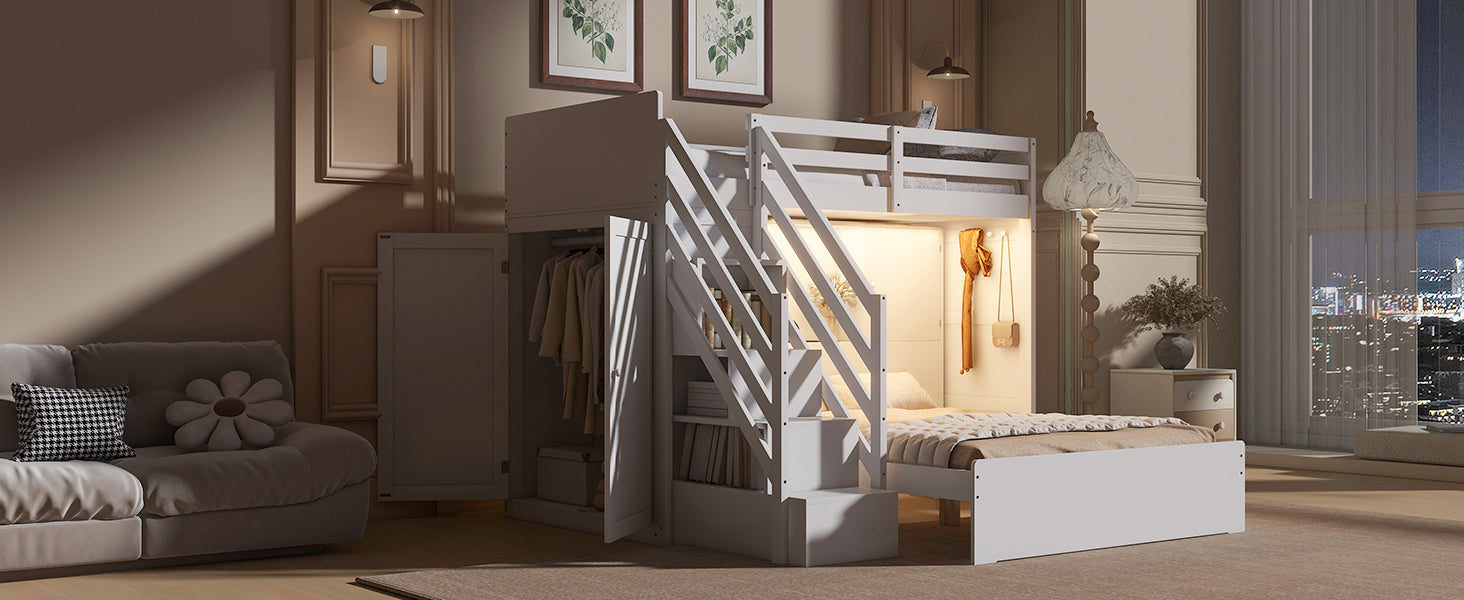 Twin over Full Bunk Bed with Storage Stairs, Wardrobe,USB and Ligh