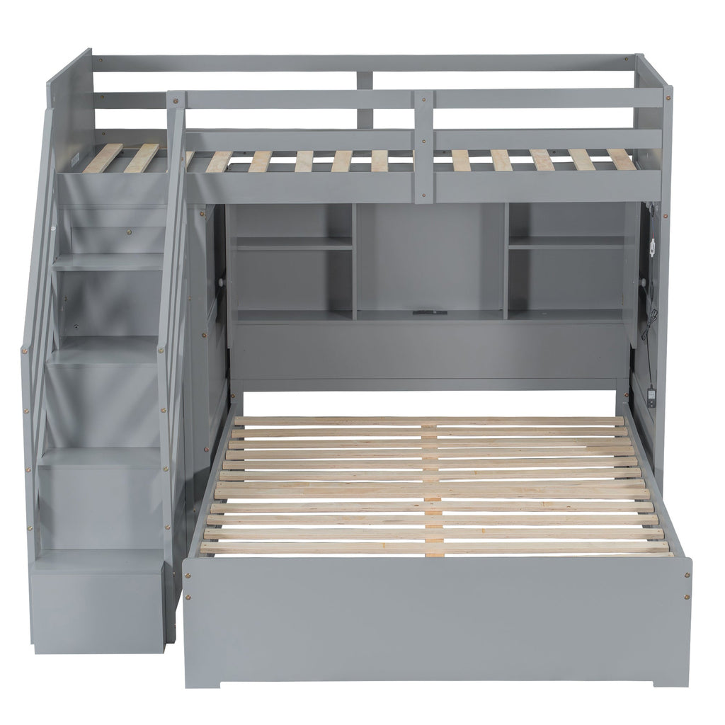 Twin over Full Bunk Bed with Storage Stairs, Wardrobe,USB and Ligh