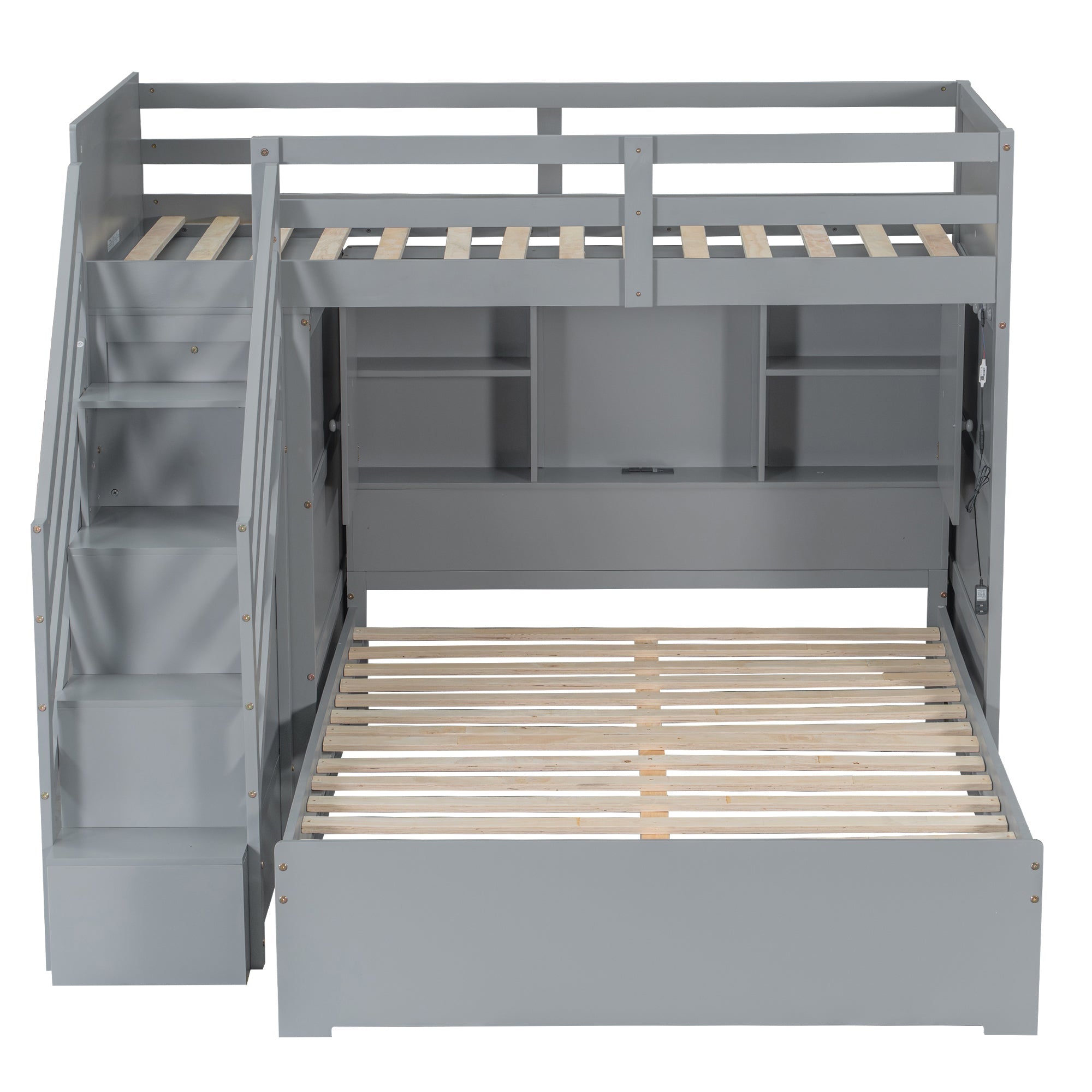 Twin over Full Bunk Bed with Storage Stairs, Wardrobe,USB and Ligh
