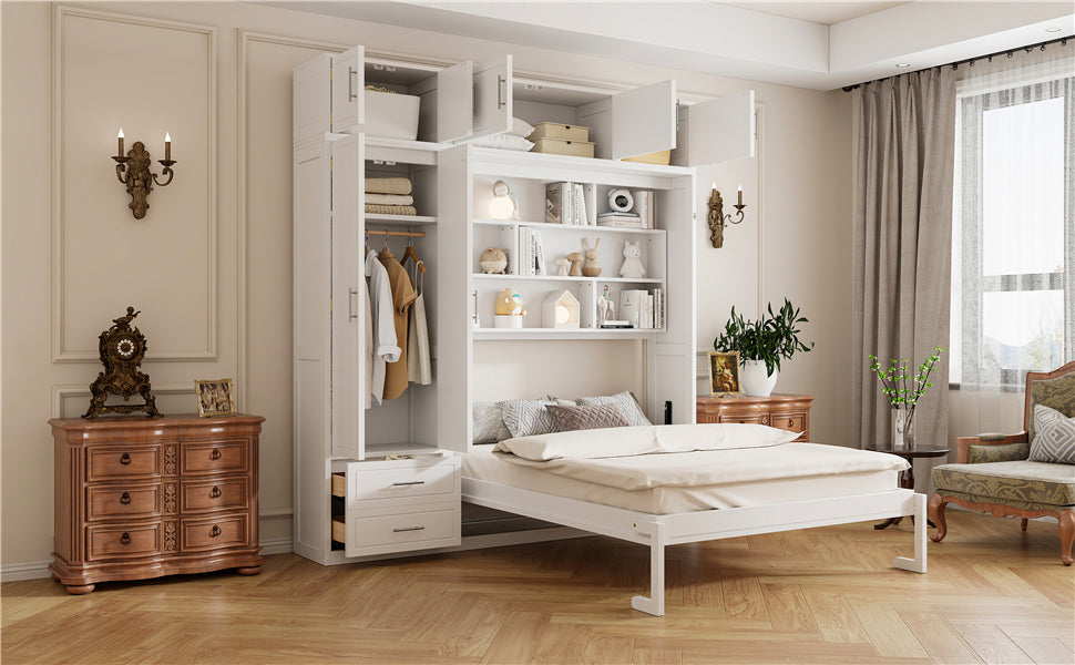 Queen Size Wall Murphy Bed with Top Cabinet, Shelves and Wardrobe,