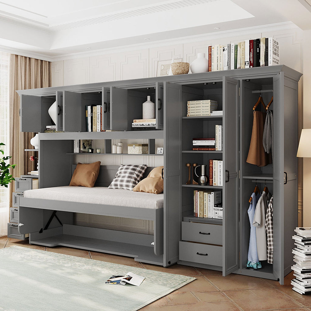 Murphy Bed Wall Bed with Wardrobe, Cabinet and Desk