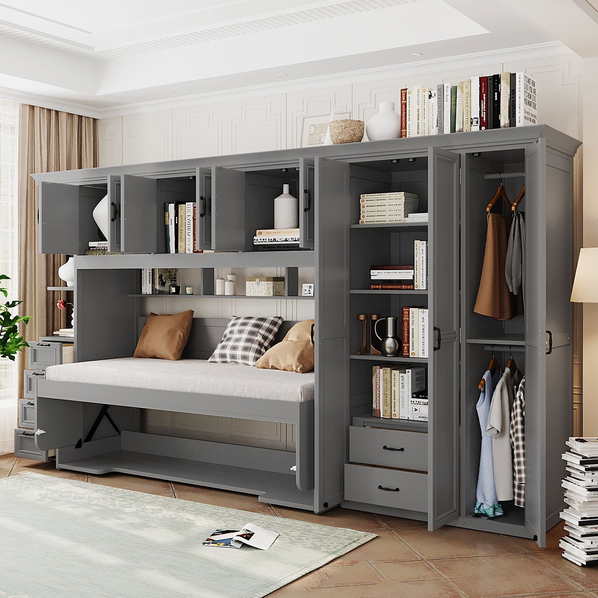 Murphy Bed Wall Bed with Wardrobe, Cabinet and Desk