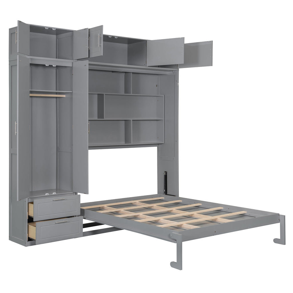 Queen Size Wall Murphy Bed with Top Cabinet, Shelves and Wardrobe,