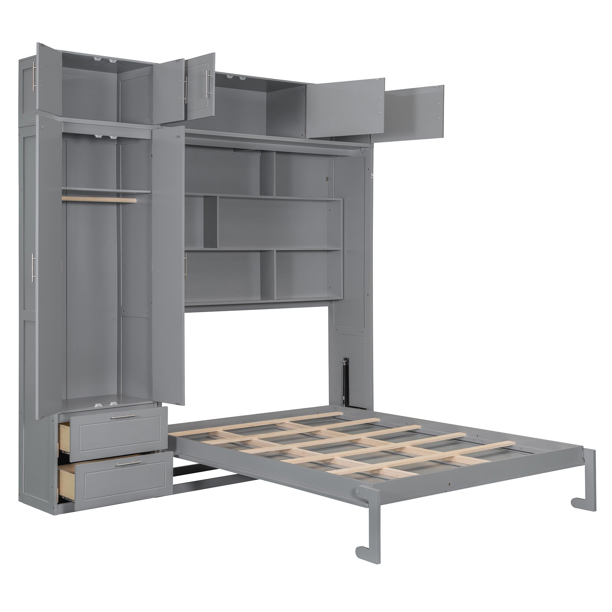 Queen Size Wall Murphy Bed with Top Cabinet, Shelves and Wardrobe,