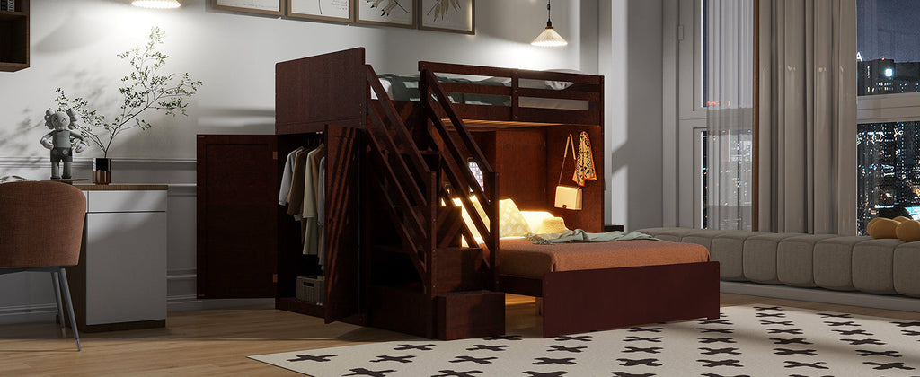 Twin over Full Bunk Bed with Storage Stairs, Wardrobe,USB and Ligh
