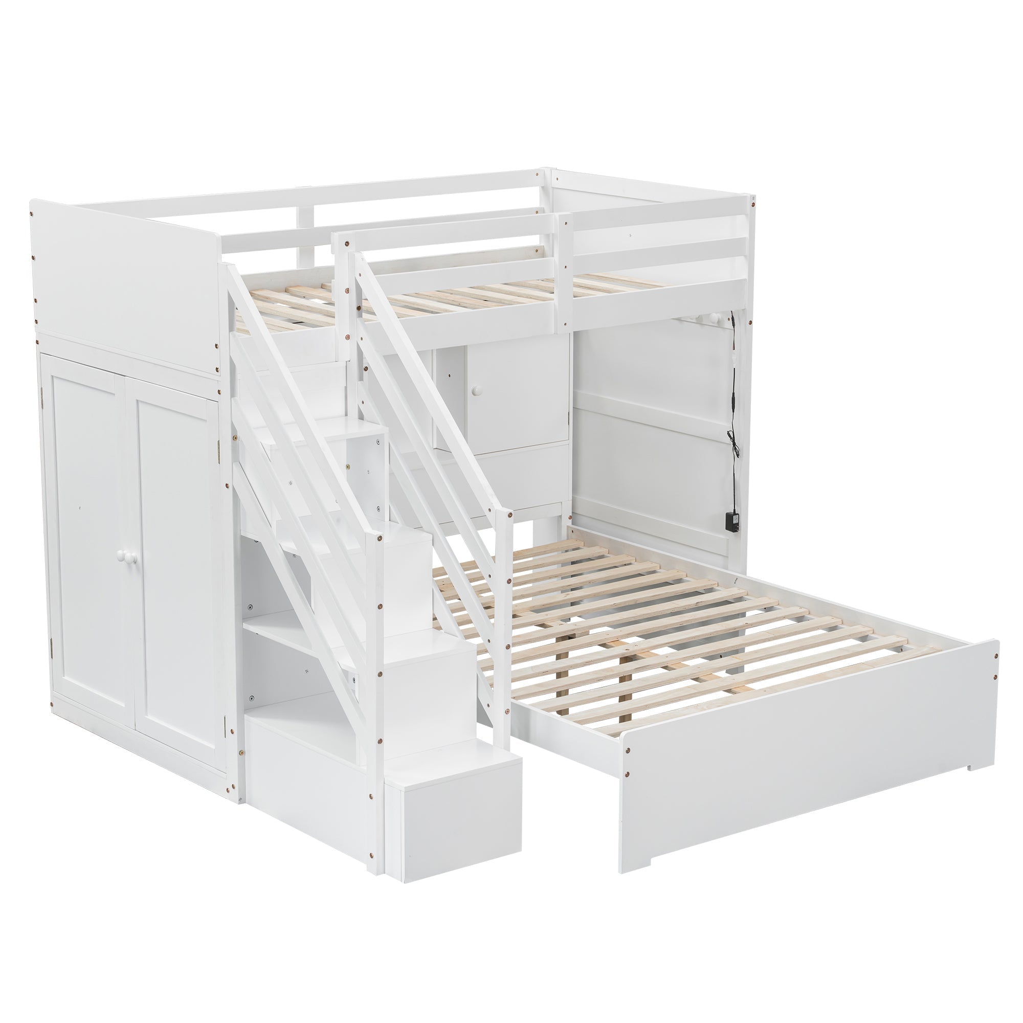 Twin over Full Bunk Bed with Storage Stairs, Wardrobe,USB and Ligh