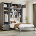Queen Size Wall Murphy Bed with Top Cabinet, Shelves and Wardrobe,