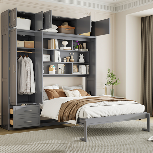 Queen Size Wall Murphy Bed with Top Cabinet, Shelves and Wardrobe,
