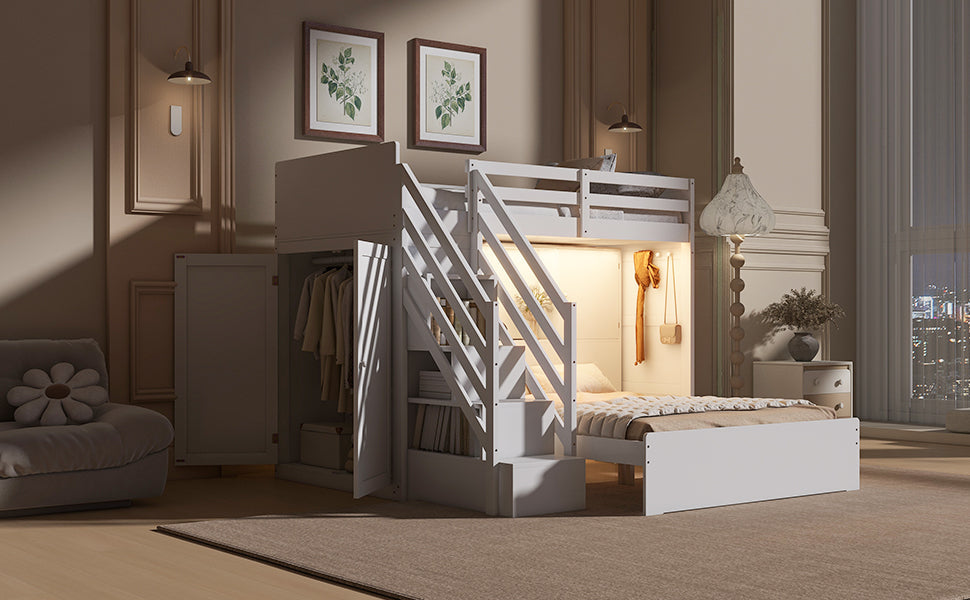 Twin over Full Bunk Bed with Storage Stairs, Wardrobe,USB and Ligh