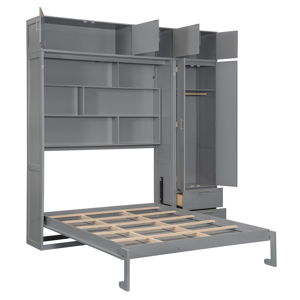 Queen Size Wall Murphy Bed with Top Cabinet, Shelves and Wardrobe,