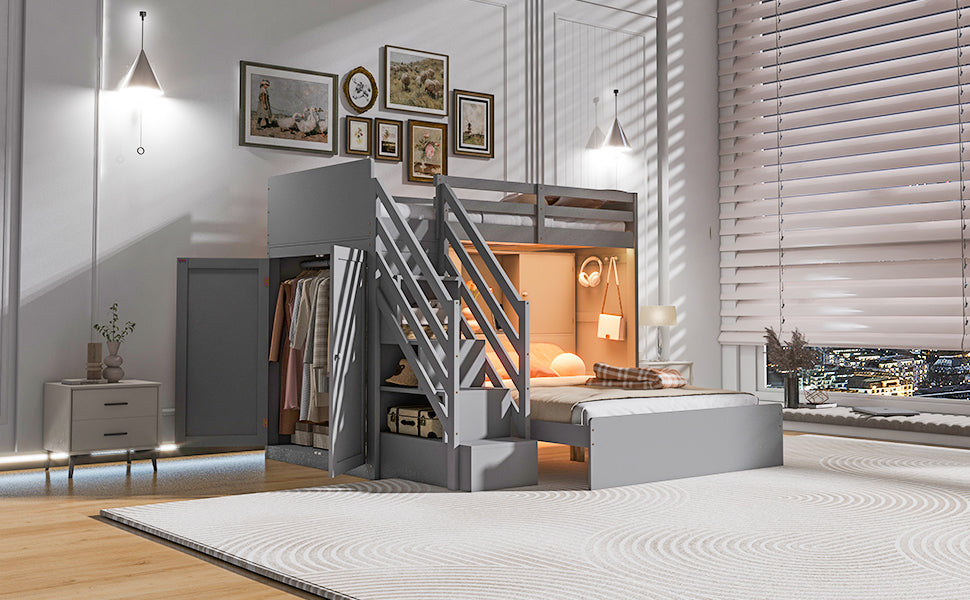 Twin over Full Bunk Bed with Storage Stairs, Wardrobe,USB and Ligh