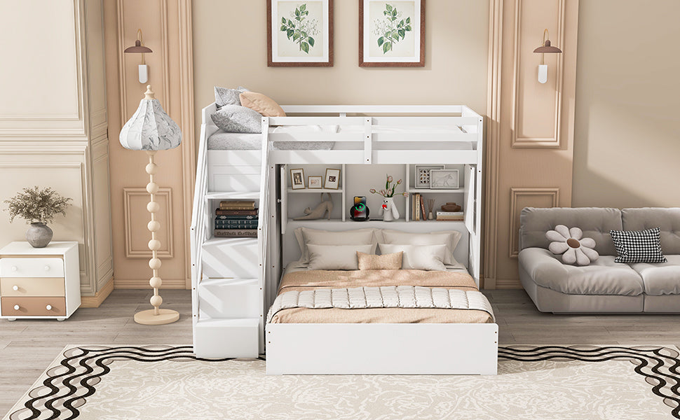 Twin over Full Bunk Bed with Storage Stairs, Wardrobe,USB and Ligh