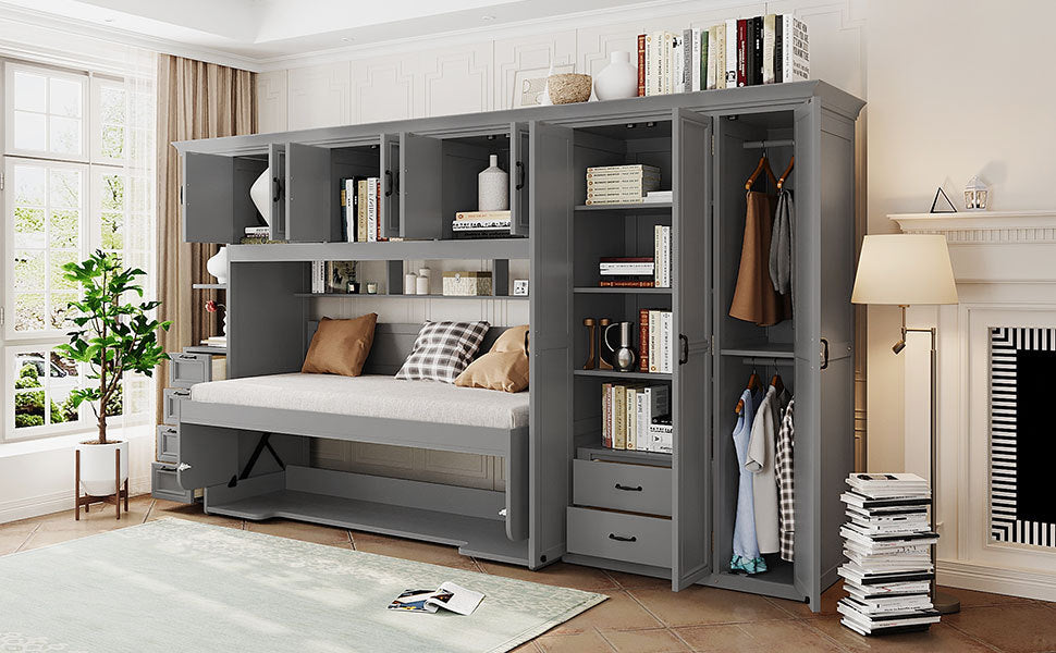 Murphy Bed Wall Bed with Wardrobe, Cabinet and Desk