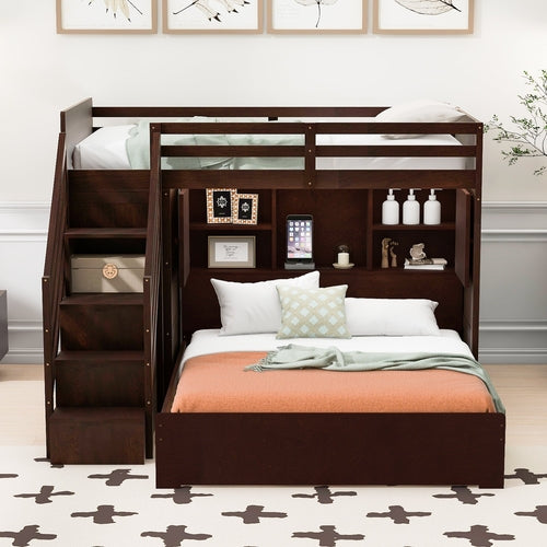 Twin over Full Bunk Bed with Storage Stairs, Wardrobe,USB and Ligh