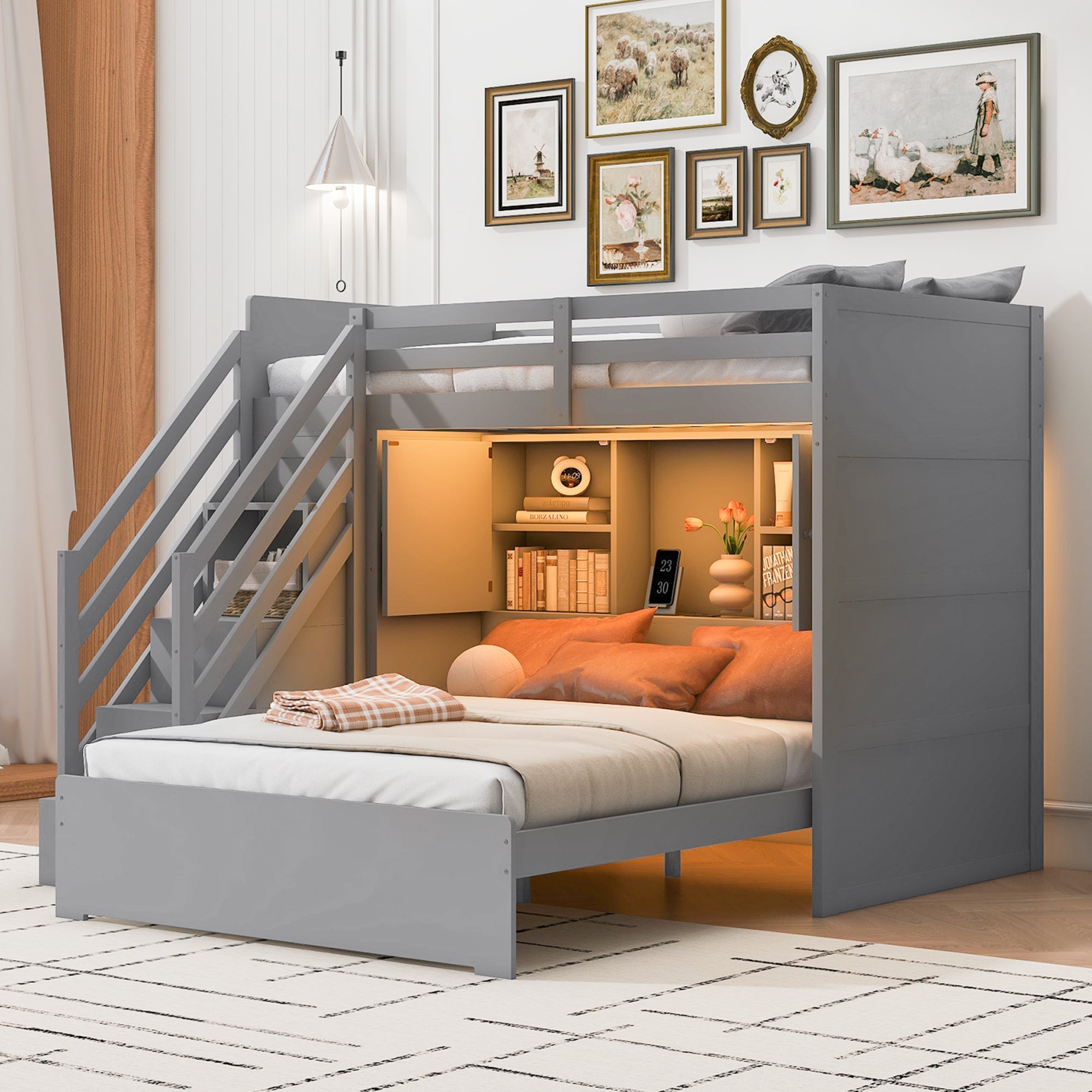 Twin over Full Bunk Bed with Storage Stairs, Wardrobe,USB and Ligh