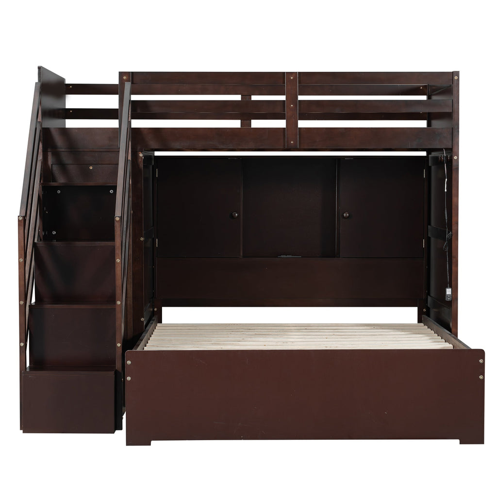 Twin over Full Bunk Bed with Storage Stairs, Wardrobe,USB and Ligh
