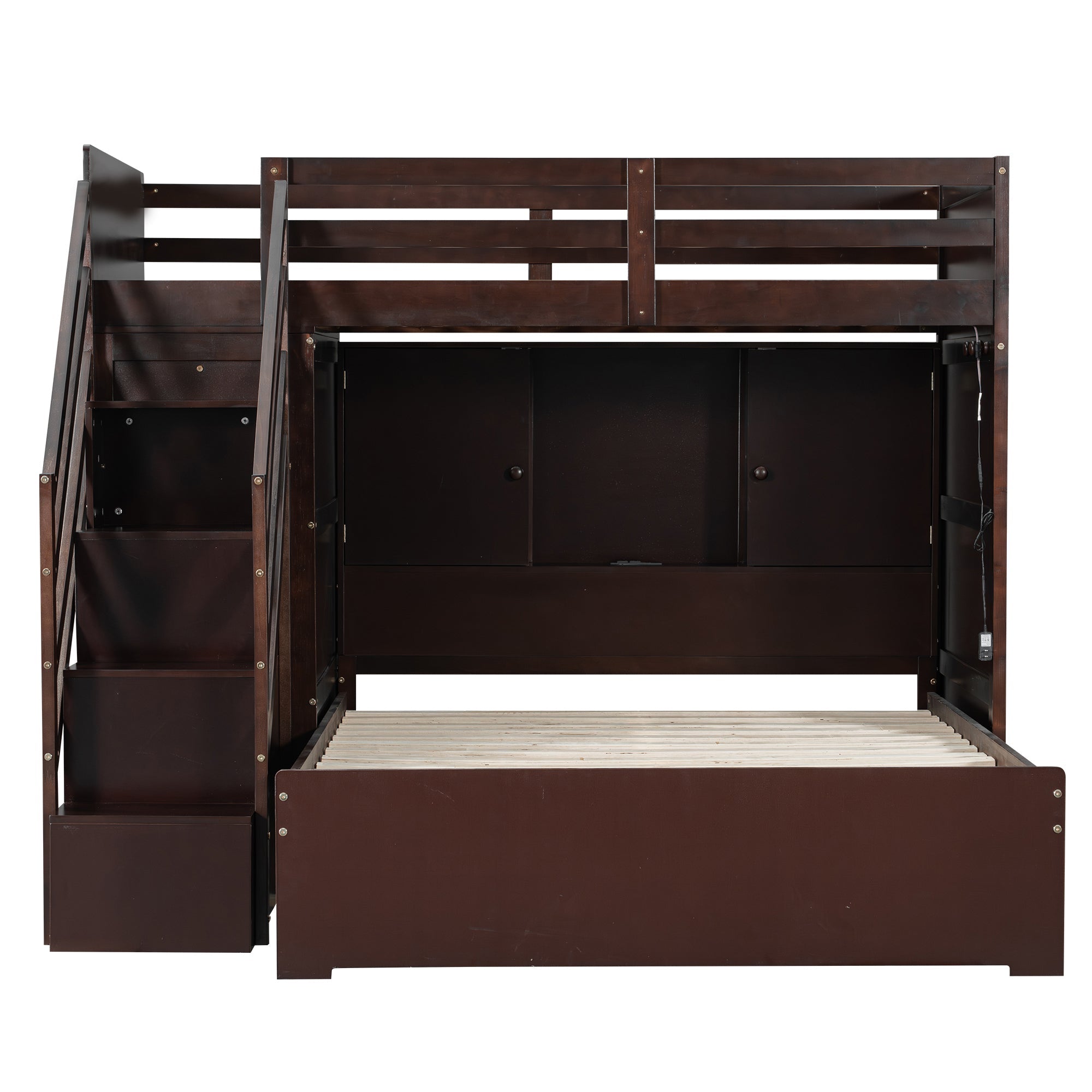 Twin over Full Bunk Bed with Storage Stairs, Wardrobe,USB and Ligh