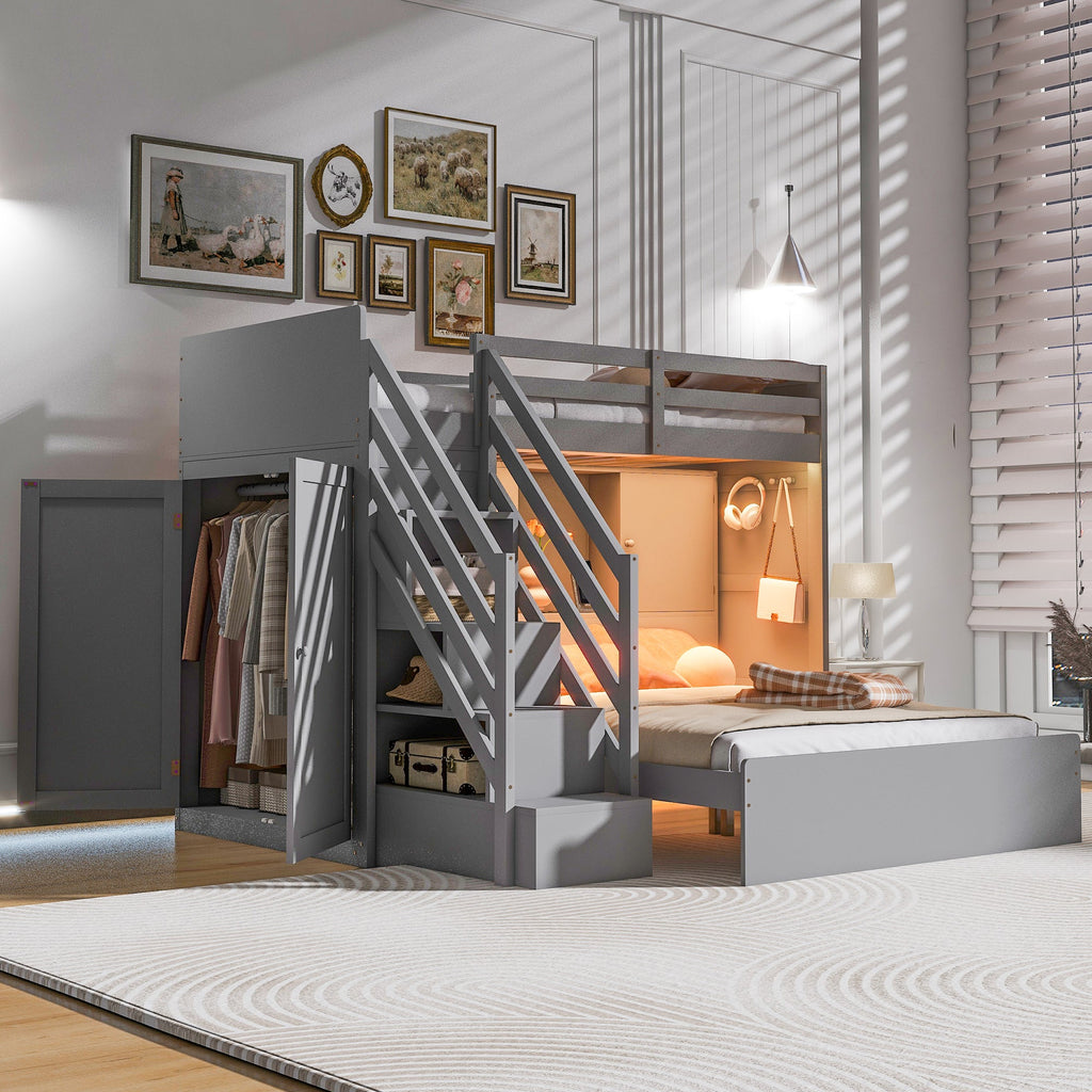Twin over Full Bunk Bed with Storage Stairs, Wardrobe,USB and Ligh