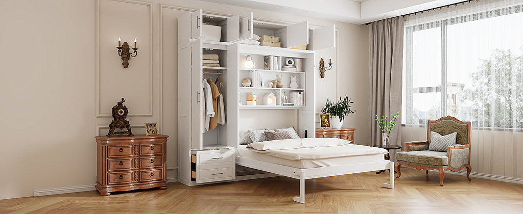 Queen Size Wall Murphy Bed with Top Cabinet, Shelves and Wardrobe,