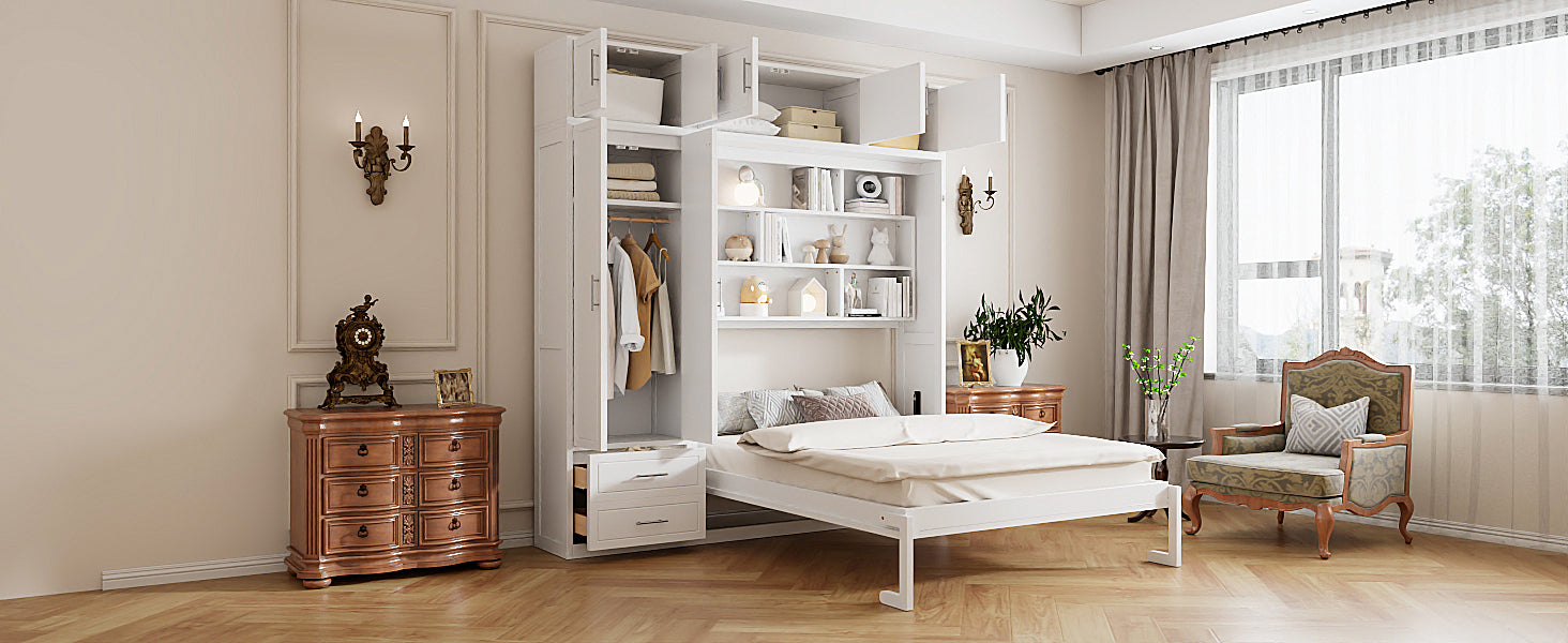Queen Size Wall Murphy Bed with Top Cabinet, Shelves and Wardrobe,