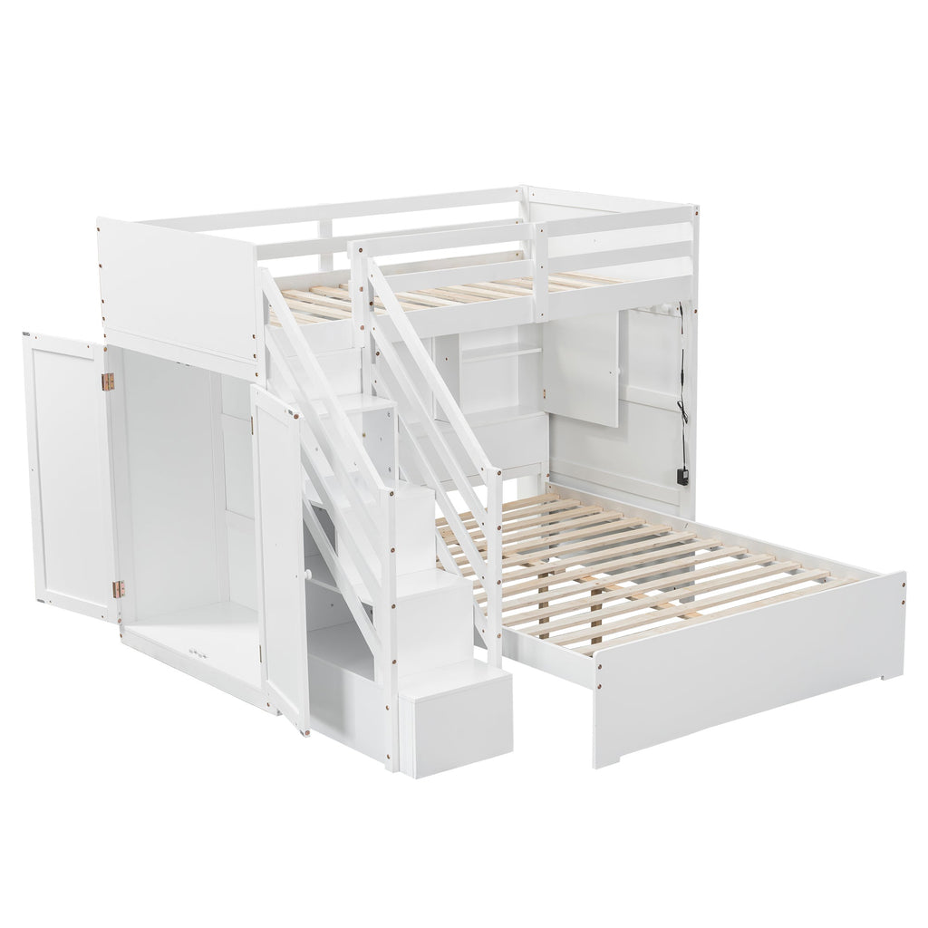 Twin over Full Bunk Bed with Storage Stairs, Wardrobe,USB and Ligh