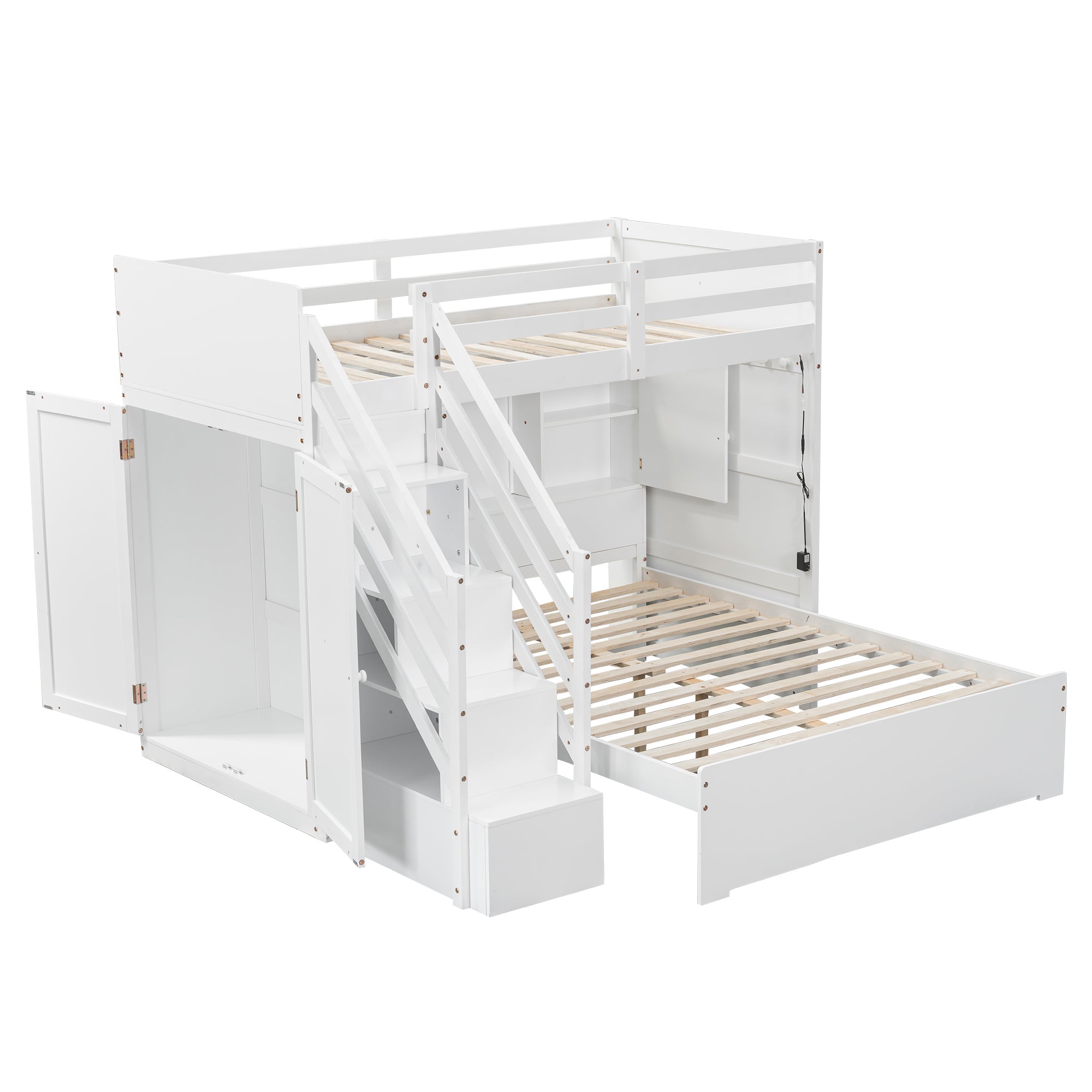Twin over Full Bunk Bed with Storage Stairs, Wardrobe,USB and Ligh