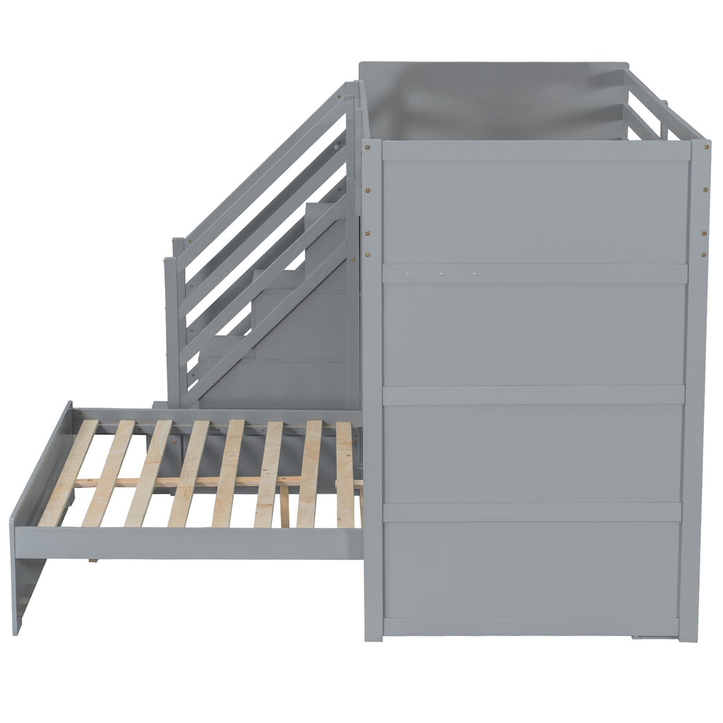 Twin over Full Bunk Bed with Storage Stairs, Wardrobe,USB and Ligh