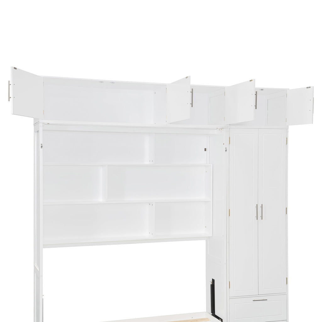 Queen Size Wall Murphy Bed with Top Cabinet, Shelves and Wardrobe,