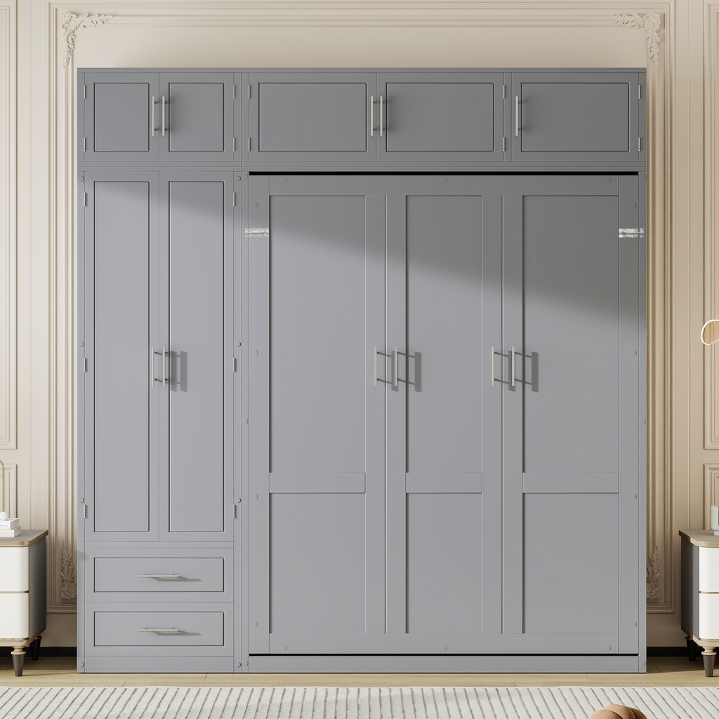 Queen Size Wall Murphy Bed with Top Cabinet, Shelves and Wardrobe,