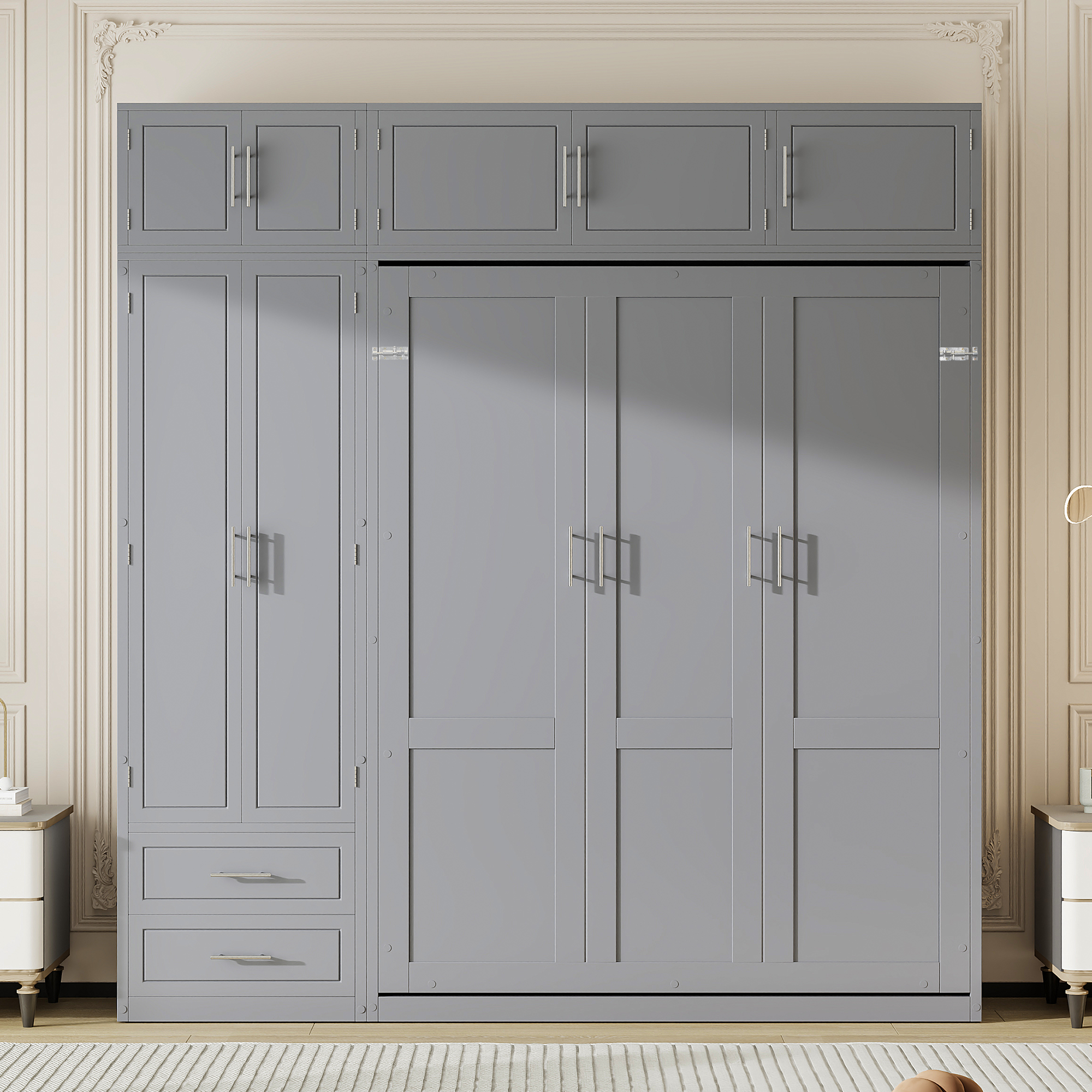Queen Size Wall Murphy Bed with Top Cabinet, Shelves and Wardrobe,