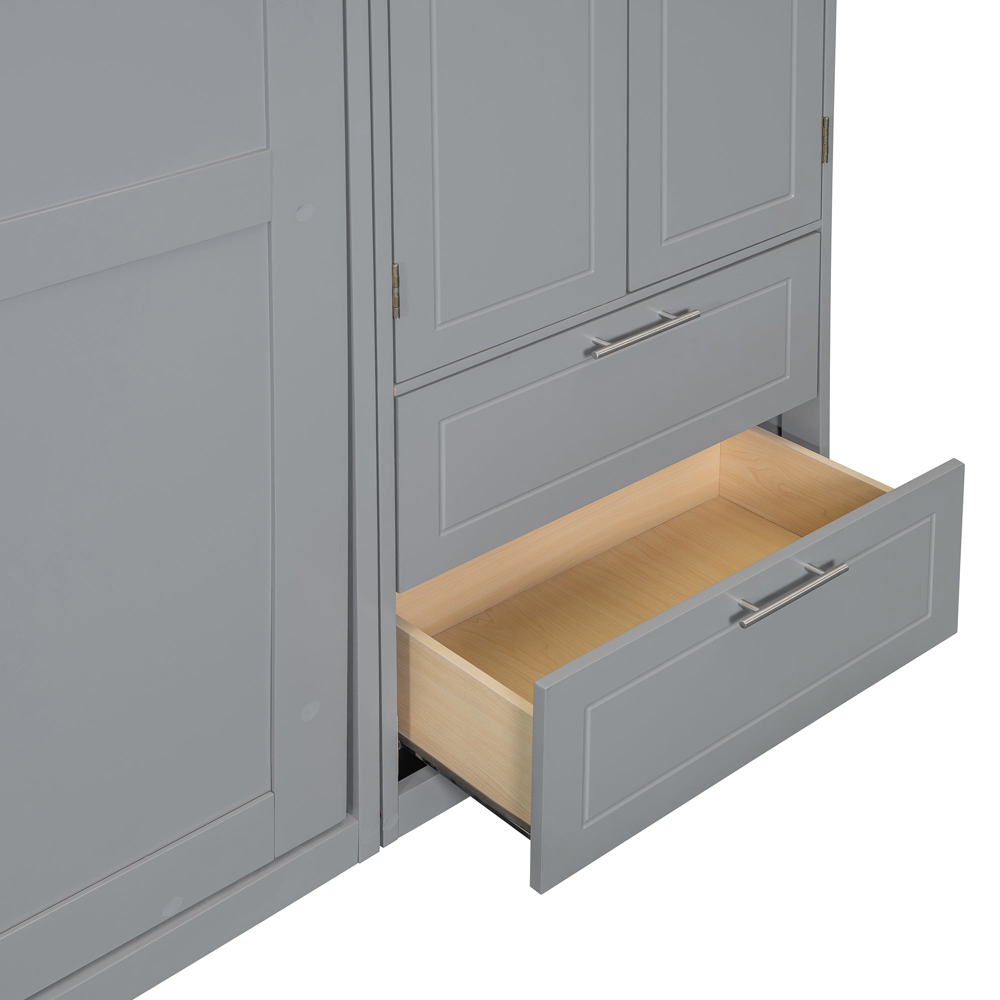 Queen Size Wall Murphy Bed with Top Cabinet, Shelves and Wardrobe,